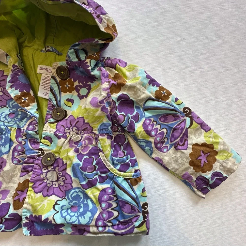 Oshkosh purple green floral print hooded jacket baby girl 12 mo button closure‎